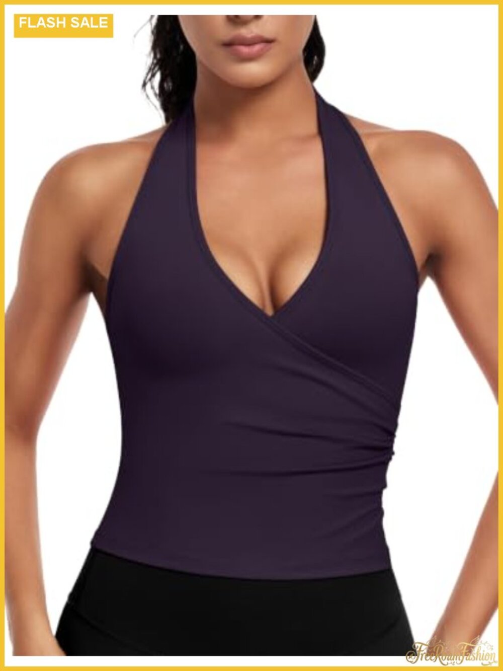 Supportive Halter Tank Top with Built-in Bra, V-Neck, Removable Pads, Workout